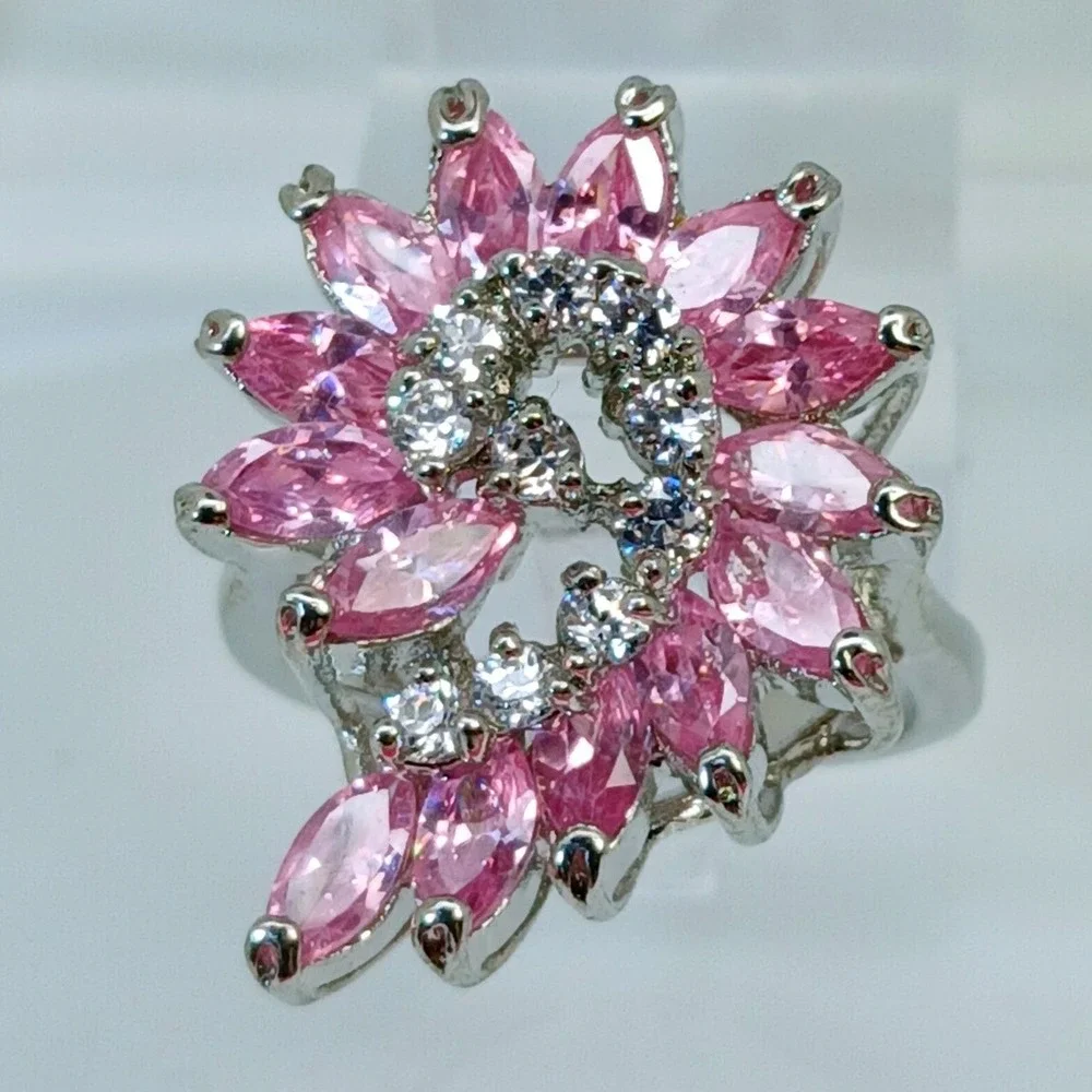 Vintage 1990s Pink Marquise Floral Swirl Cocktail Ring Silver Statement Size 8.5